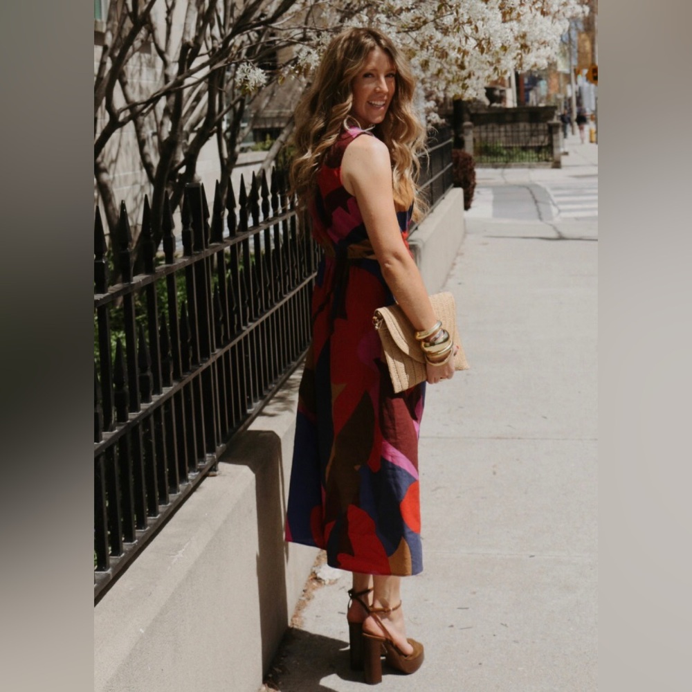 Sleeveless Linen cut out Midi Dress - multi summer print L - Picture 9 of 9